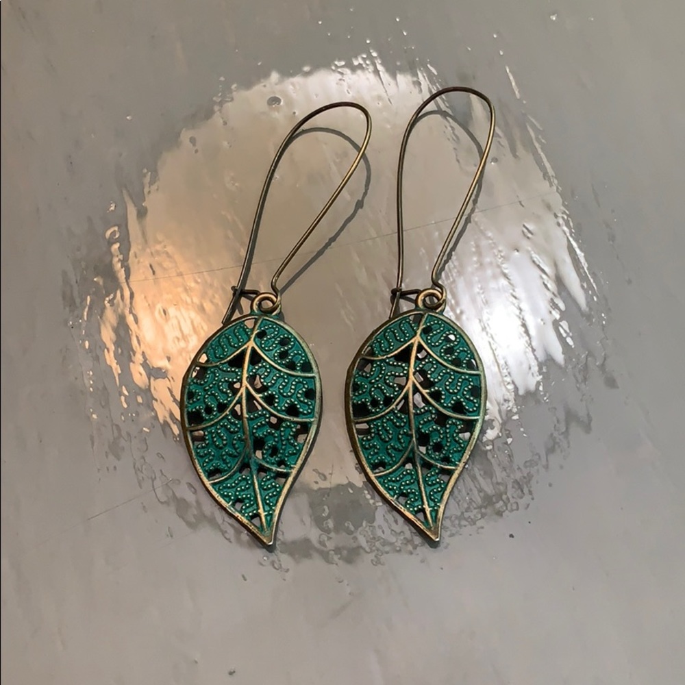 Bronze and green leaf hook earrings